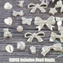 50pcs ABS Faux Pearl Beads Heart Bear Shell Bow Shape Acrylic Spacer Beads Charms For Jewelry Making Diy Necklace Bracelet Valentines - About 50pcs - View 3