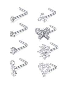 CIZME 8 piezas/set Pendientes de nariz de plata y oro para mujeres de 18G 20G, pendientes de nariz en forma de sacacorchos en L, pendientes de nariz de acero inoxidable, joyas de piercing de nariz de acero inoxidable para fosa nasal