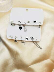 European And American Personalized Butterfly And Heart Shaped Oil Drop Earrings Set - Silver - View 4