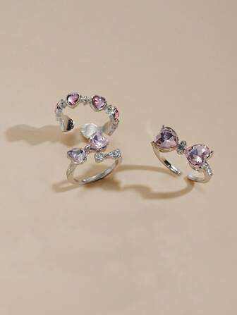 3 件/套时尚 Y2k 风格蝴蝶结、心形水钻戒指套装，适合女士，适合约会或派对、圣诞节、情人节礼物、日常佩戴情人节、妈妈、母亲、母亲节、礼物