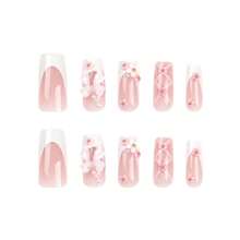 24pcs/Set Long Coffin Shaped Y2k Style Pink False Nails With Bows, Flowers & Pearls, Press On Design With Jelly Glue & Nail File, Suitable For All Women - Multicolor - View 5