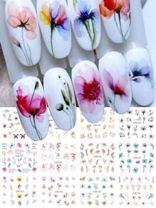 12款設計/張水彩簡單花卉水轉印指甲貼紙,綻放花卉復古玫瑰蝴蝶設計美甲箔膜貼紙 - 彩色 - 查看 2
