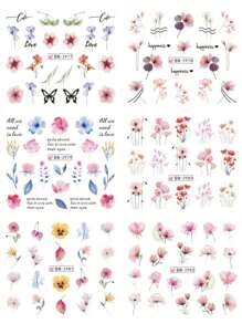12款設計/張水彩簡單花卉水轉印指甲貼紙,綻放花卉復古玫瑰蝴蝶設計美甲箔膜貼紙 - 彩色 - 查看 7