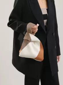 lulu kewen 1个女士手提包，撞色钩编包，迷你钩编手提包，花卉图案，透气轻便，可折叠带口袋 - 卡其色 - 查看 6