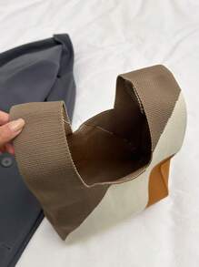 lulu kewen 1个女士手提包，撞色钩编包，迷你钩编手提包，花卉图案，透气轻便，可折叠带口袋 - 卡其色 - 查看 10