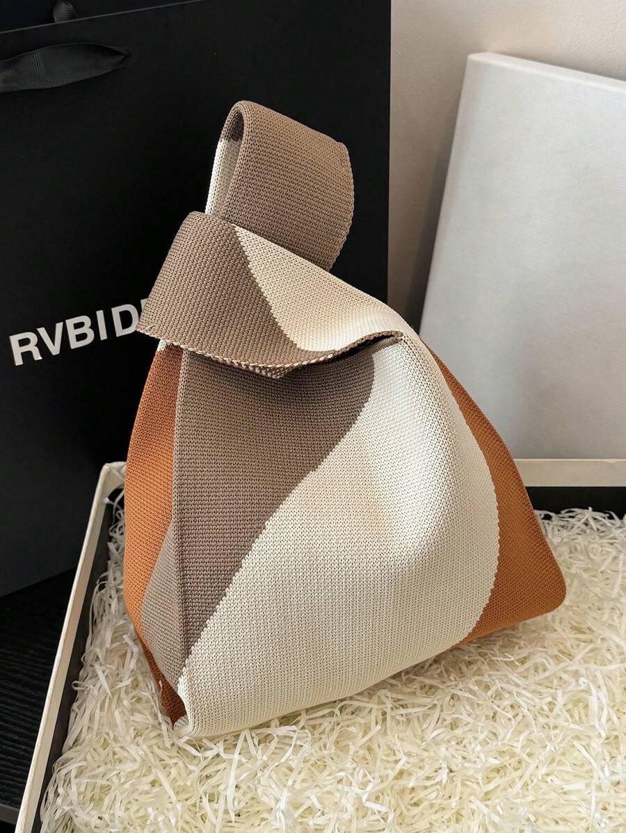 lulu kewen 1个女士手提包，撞色钩编包，迷你钩编手提包，花卉图案，透气轻便，可折叠带口袋 - 卡其色 - 查看 1