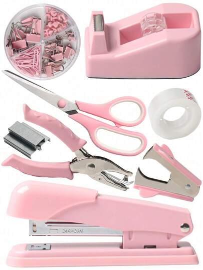 1 rosa set, 1 häftklammer, 1 låda häftklamrar, 1 hålslagare, 1 häftborttagare, 1 limbas, 1 låda med fyra rutnät, 1 sax, 1 tejp, Tillbaka till skolan Essentials, Kreativ present till Thanksgiving, Jul, födelsedag Halloween dekoration