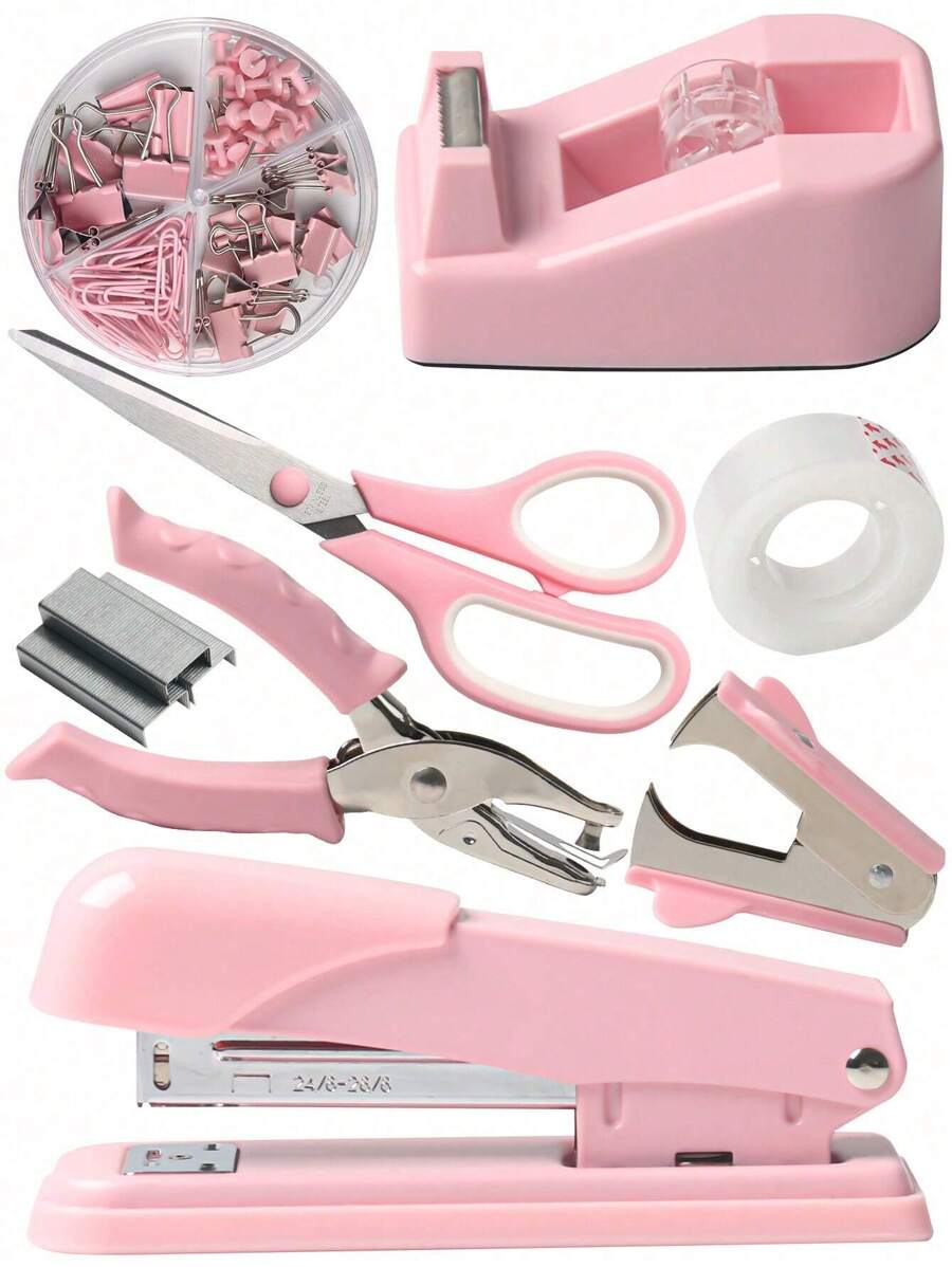 1 套粉色套装、1 个订书钉、1 盒订书钉、1 个打孔器、1 个起钉器、1 个胶水底座、1 盒四格盒子、1 把剪刀、1 条胶带、返校必备品、感恩节、圣诞节、生日万圣节装饰的创意礼物 - 粉色 - 查看 1