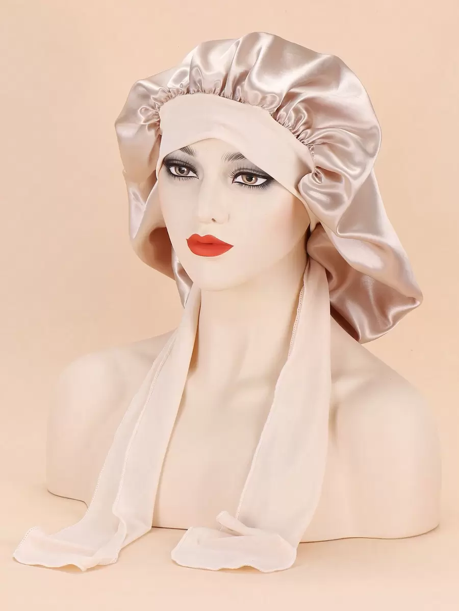 1pc Satin Sleeping Hair Bonnet With Tie Band Silk Bonnet Satin Bonnet - Khaki - View 1