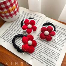 1入組新年紅花設計的可愛丸子和馬尾頭髮繩,適合兒童使用 - 彩色 - 查看 5