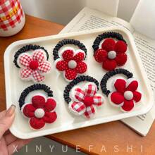 1入組新年紅花設計的可愛丸子和馬尾頭髮繩,適合兒童使用 - 彩色 - 查看 1