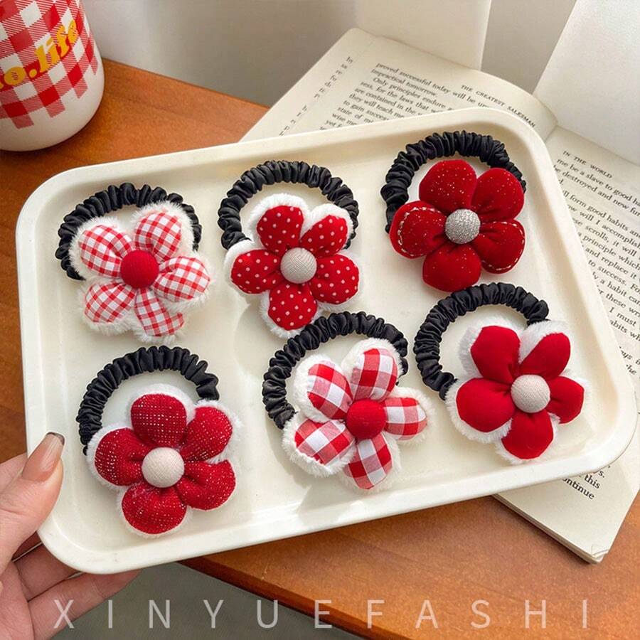 1入組新年紅花設計的可愛丸子和馬尾頭髮繩,適合兒童使用 - 彩色 - 查看 1