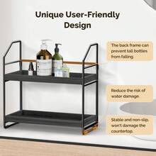 HAMITOR Adjustable 2-Tier Bathroom Countertop Organizer: No Screws Quick Installation Solid Wood Vanity Trays Standing Cosmetic Storage Shelf For Bath Organization Decor - Bedroom Kitchen Spice Rack - Black - View 3