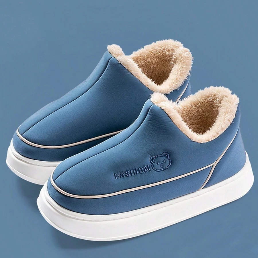 男士室內拖鞋,高密度鞋底,冬季保暖情侶家居鞋 - 藍色 - 查看 1