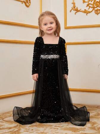 年轻女孩奢华儿童亮片晚礼服 - 长袖方领修身美人鱼拖地长裙，撞色腰部，蕾丝薄纱裙和闪亮派对设计，适合特殊场合