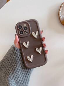 1pc 3D Cute Heart Shaped Anti-Fall Electroplating Matte Phone Case, With Concave-Convex Design And Precision Hole For Camera, Compatible With IPhone Models, Brown - Multicolor - View 1