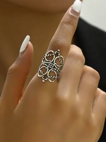 1枚復古時尚中空菱形花紋戒指 - 復古銀色 - 查看 2