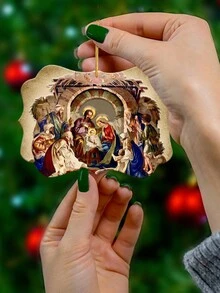 1pc Wooden House Baptism Scene Acrylic Wave Square Pendant With Gold Cord, Perfect Gift For Family And Friends, Suitable For Service, Holiday Promotion, Creating Festive Atmosphere, Festive Decoration Hanging Pendant, Christmas Tree Decoration Hanging Pendant - Multicolor - View 5