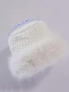 1套[1頂帽子和1雙手套]女性純色小方格圖案毛絨保暖漁夫帽，配有皮膚友好的內襯和可調節的繩子，並搭配柔軟的手套，適用於戶外活動和運動，秋冬季節 - 白色 - 查看 5