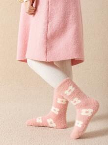 3 Pairs/Pack Kids' Winter Warm Plush Mid-Calf Socks, Korean Style Faux Mink Fur Fuzzy Sleep Socks - Multicolor - View 8