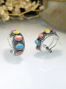 1對女性維多利亞款銀色雕花耳環,多彩綠松石石料 - 彩色 - 查看 7