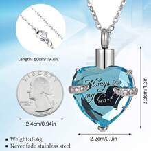 1pc Pet Memorial Heart Shaped Glass Urn Necklace, Stainless Steel Birthstone Pet Ashes Cremation Pendant