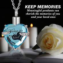 1pc Pet Memorial Heart Shaped Glass Urn Necklace, Stainless Steel Birthstone Pet Ashes Cremation Pendant