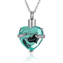 1pc Pet Memorial Heart Shaped Glass Urn Necklace, Stainless Steel Birthstone Pet Ashes Cremation Pendant
