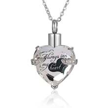 1pc Pet Memorial Heart Shaped Glass Urn Necklace, Stainless Steel Birthstone Pet Ashes Cremation Pendant