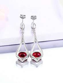 Cubic Zirconia Geometric Sterling Silver Drop Earrings - Red - View 2