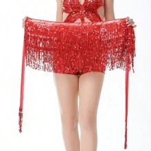 1件装女士亮片裙，闪亮肚皮舞臀巾带流苏，嘉年华裹裙，派对礼服，性感女士肚皮舞臀巾 - 紅色 - 查看 3