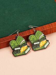1對創意個性化綠色木製三葉草和書形耳環,適用於休閒服裝 - 木質綠色三葉草書本耳環 - 查看 1