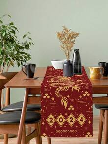 1入組紅色新年雲龍款桌布農家廚房桌面裝飾布料,適用於廚房島派對婚禮咖啡館餐廳派對,13x72英寸 - 黃色龍紋 - 查看 1