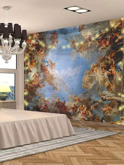 复古油画球印花挂毯，现代风格涤纶纤维方形装饰挂毯适用于客厅和卧室装饰，房间旗帜，房间装饰，挂毯，墙壁装饰，墙壁艺术，房间用品，房间旗帜，家居装饰，壁挂