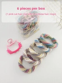 每盒 6 件（1 個粉紅貓金屬毛爪和 5 個彩虹髮圈組合套裝）女士情人節禮物 - 彩色 - 查看 3