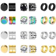 12對磁性男士不鏽鋼耳針男士夾式耳環無耳洞耳環男女通用磁性耳環 - 彩色 - 查看 1