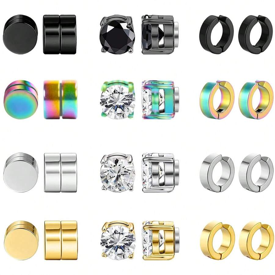 12對磁性男士不鏽鋼耳針男士夾式耳環無耳洞耳環男女通用磁性耳環 - 彩色 - 查看 1