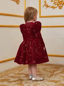 Young Girl's Bow Decor & Glitter Embellished Dress With Cap Sleeves - Red - View 2