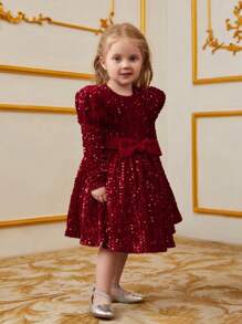 Young Girl's Bow Decor & Glitter Embellished Dress With Cap Sleeves - Red - View 7