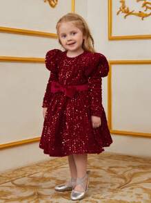 Young Girl's Bow Decor & Glitter Embellished Dress With Cap Sleeves - Red - View 8