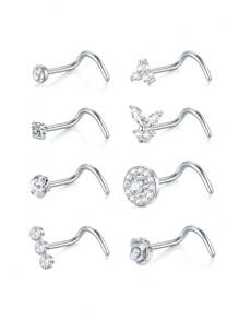 CIZME 8 piezas/set Pendientes de nariz de plata y oro para mujeres de 18G 20G, pendientes de nariz en forma de sacacorchos en L, pendientes de nariz de acero inoxidable, joyas de piercing de nariz de acero inoxidable para fosa nasal