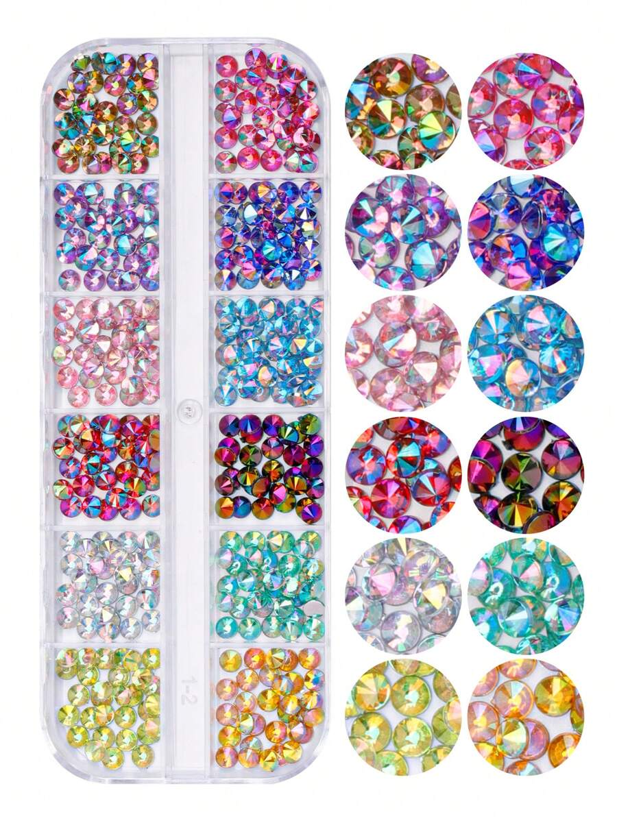 Acrylic Rhinestone Nail Art Decorations Set, Including Holographic Horse Eye Shape, Small Round Shape, Etc. (12 Grids) Diy Nail Charms Nail Gems Nail Supplies Nails