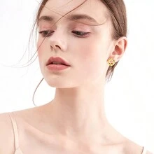 1pair Gold-Plated Circle Stud Earrings For Women, Minimalist Classic Fashionable Round Ear Studs Jewelry Birthday Gift - Yellow Gold - View 2