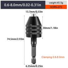 1個迷你無鎖式鑽夾0.6-8mm自鎖電鑽頭夾緊工具1/4"六角柄快速轉換器無鎖鑽頭夾頭適配器螺絲刀旋轉碳鋼頂尖研磨機釘機電動研磨工具 - 黑色 - 查看 5