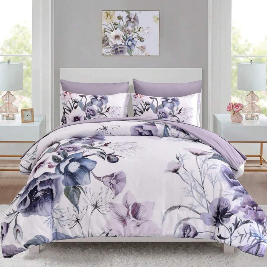 DJY 7 Pieces Purple Floral Comforter Sets Full Queen King Bed In A Bag,Elegant Flower Comforter With Sheet Set, Soft Microfiber Bedding Set For Wedding Items,Valentines Day Home Bed Room Decor,Easter Gifts,All Season - Màu tím - Xem 1