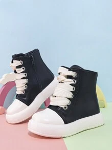 Giày lười trẻ em unisex kiểu dáng cổ điển, thời trang, dễ thương, đa năng, mới, bốt cao đến bắp chân bằng da kiểu Hàn Quốc, giày casual thời trang. - màu đen - Xem 2
