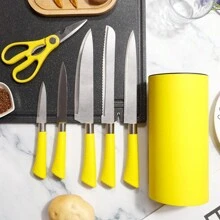Kitchen Knife Set, 7 Pcs Yellow Cooking Knife Set With Round Block, Sharp Stainless Steel Knives Set For Kitchen With Ergonomic Handle, Professional Chef Knife Set For Home Family Restaurant (Yellow) - Yellow - View 2