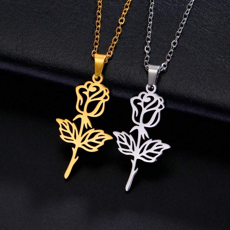 1入流行鈦鋼花項鍊,中空玫瑰吊墜,個性化極簡不鏽鋼項鍊 - 金色 - 查看 1