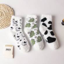 3pairs Winter Cartoon Dinosaur & Cow Design Warm Plush Socks - Multicolor - View 3
