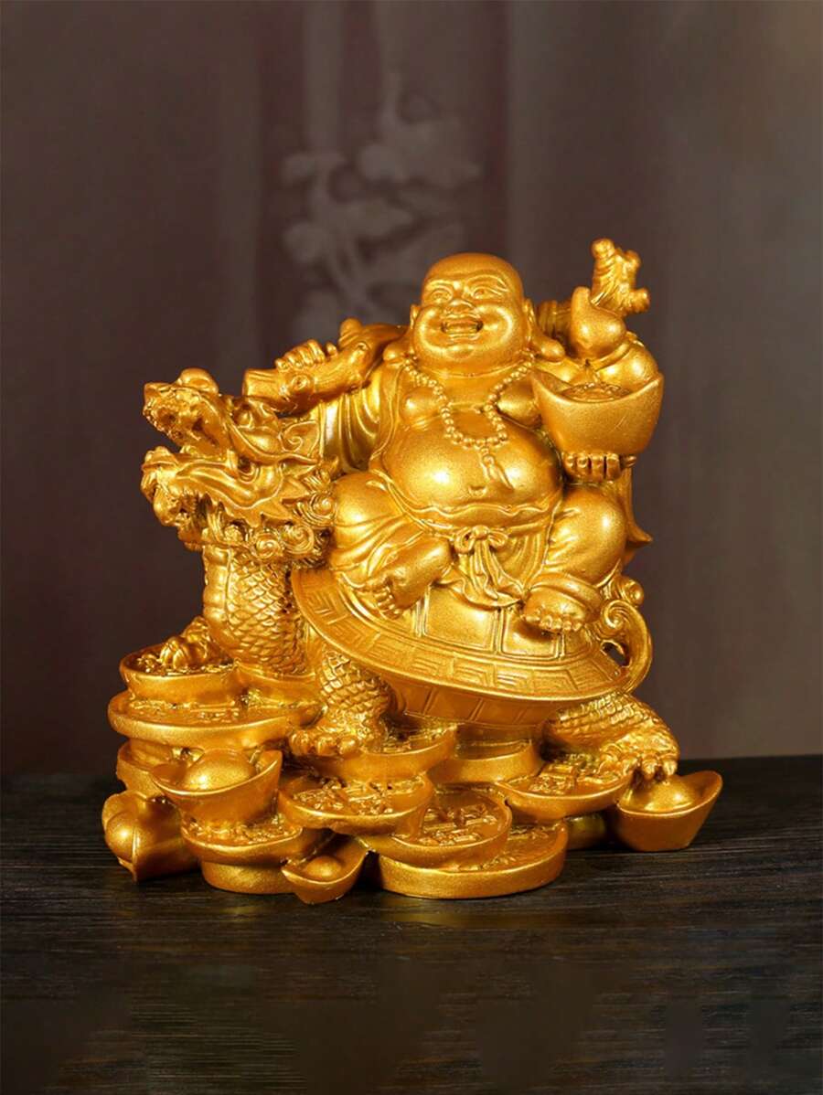 金色树脂笑佛雕像,现代艺术雕塑,佛像摆件,家居装饰配件,节日装饰,派对装饰,家居装饰,房间装饰,生日、毕业最佳礼物 - 金色 - 查看 1